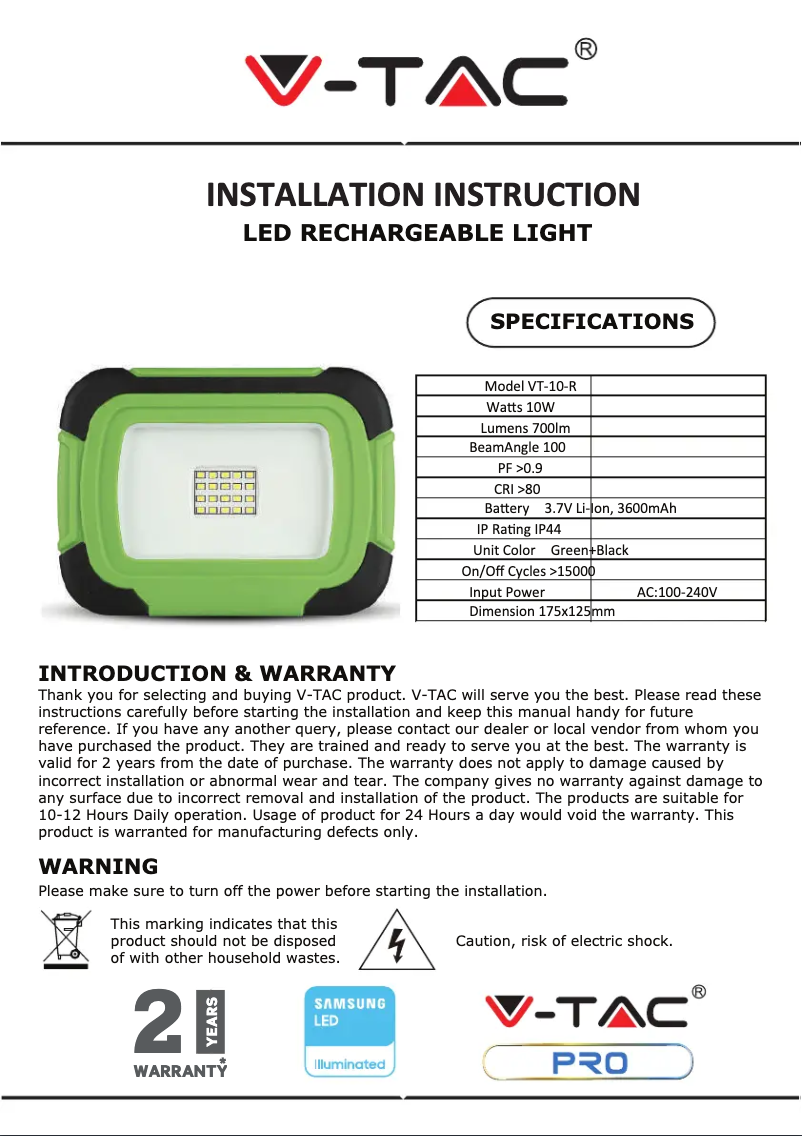 Page 1 de la notice Manuel utilisateur V-TAC VT-10-R