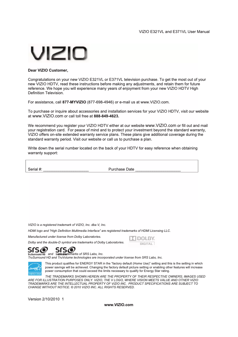 Page 1 de la notice Manuel utilisateur VIZIO E371VL