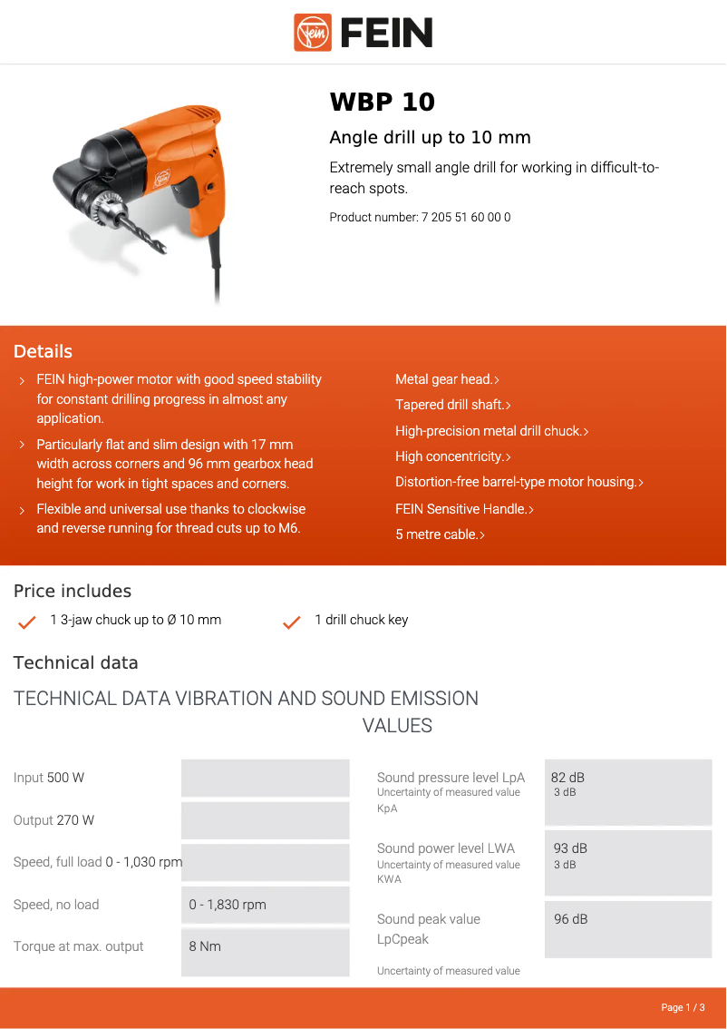 Page 1 de la notice Fiche technique Fein WBP 10