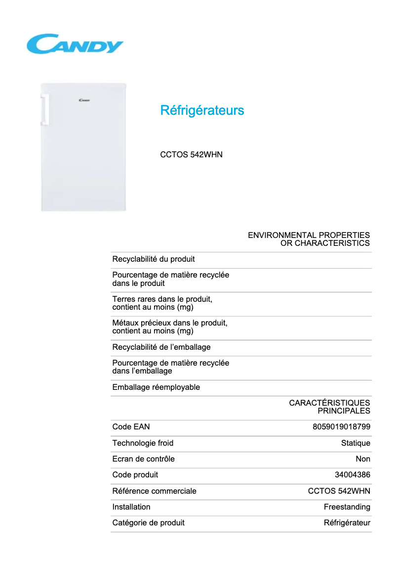 Image de la première page du manuel de l'appareil CCTOS 542WHN
