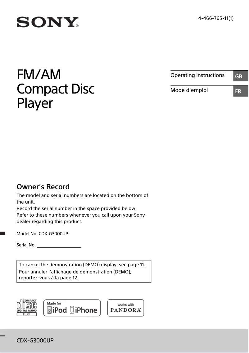 Image de la première page du manuel de l'appareil CDX-G3000UP