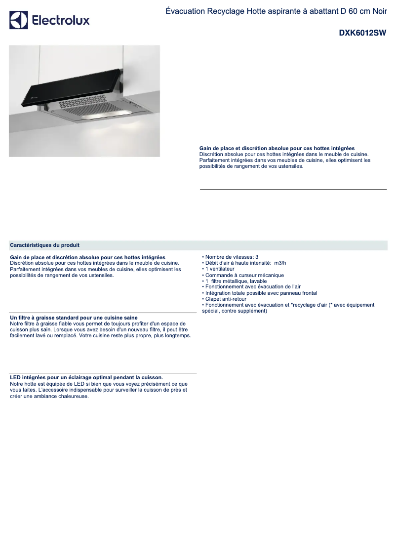 Page 1 de la notice Fiche technique Electrolux DXK6012SW