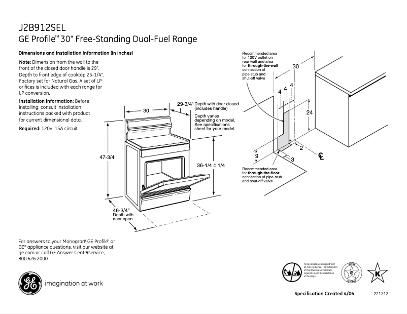 Page 1 de la notice Fiche technique GE J2B912SELSS