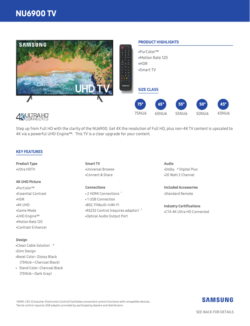 Page 1 de la notice Fiche technique Samsung UN75NU6900FXZA