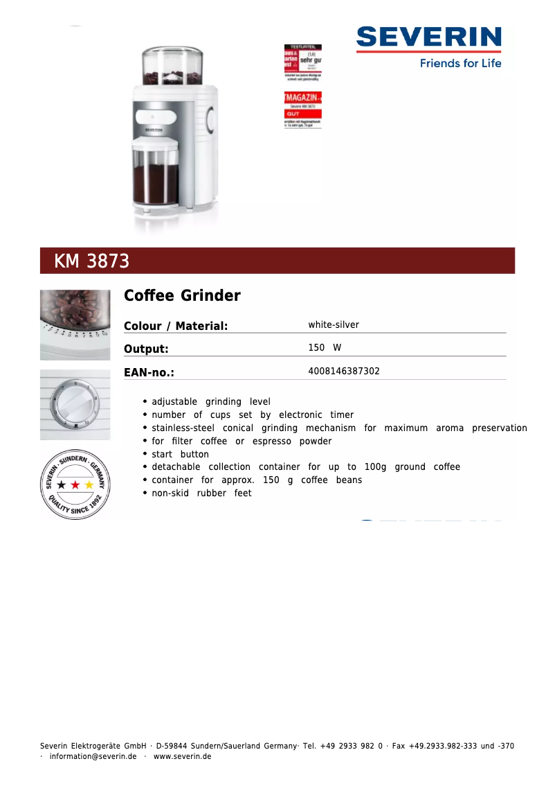 Page 1 de la notice Fiche technique Severin KM 3873