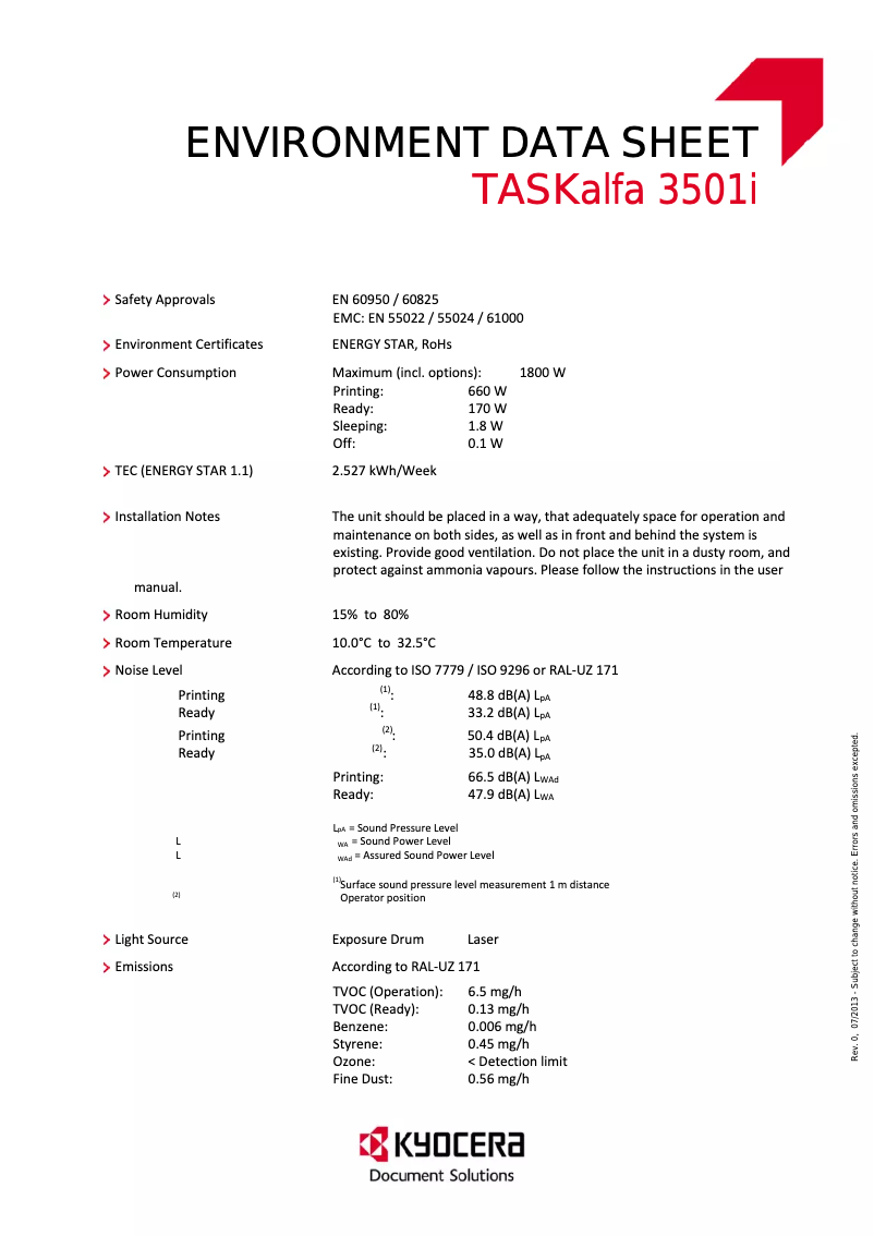 Page 1 de la notice Fiche technique Kyocera TASKalfa 3501i