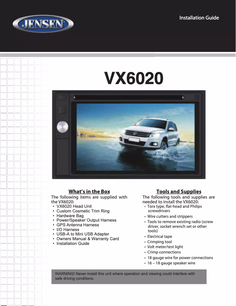 Page 1 de la notice Guide d'installation Jensen VX6020