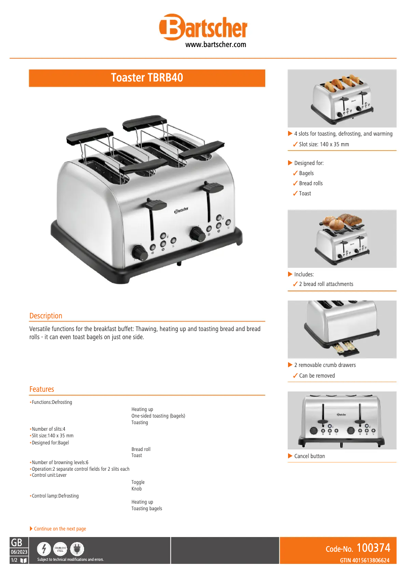Page 1 de la notice Fiche technique Bartscher TBRB40