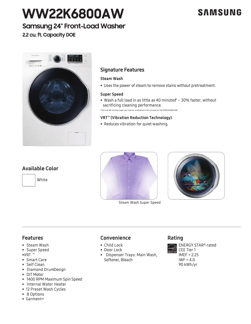 Page 1 de la notice Fiche technique Samsung WW22K6800A