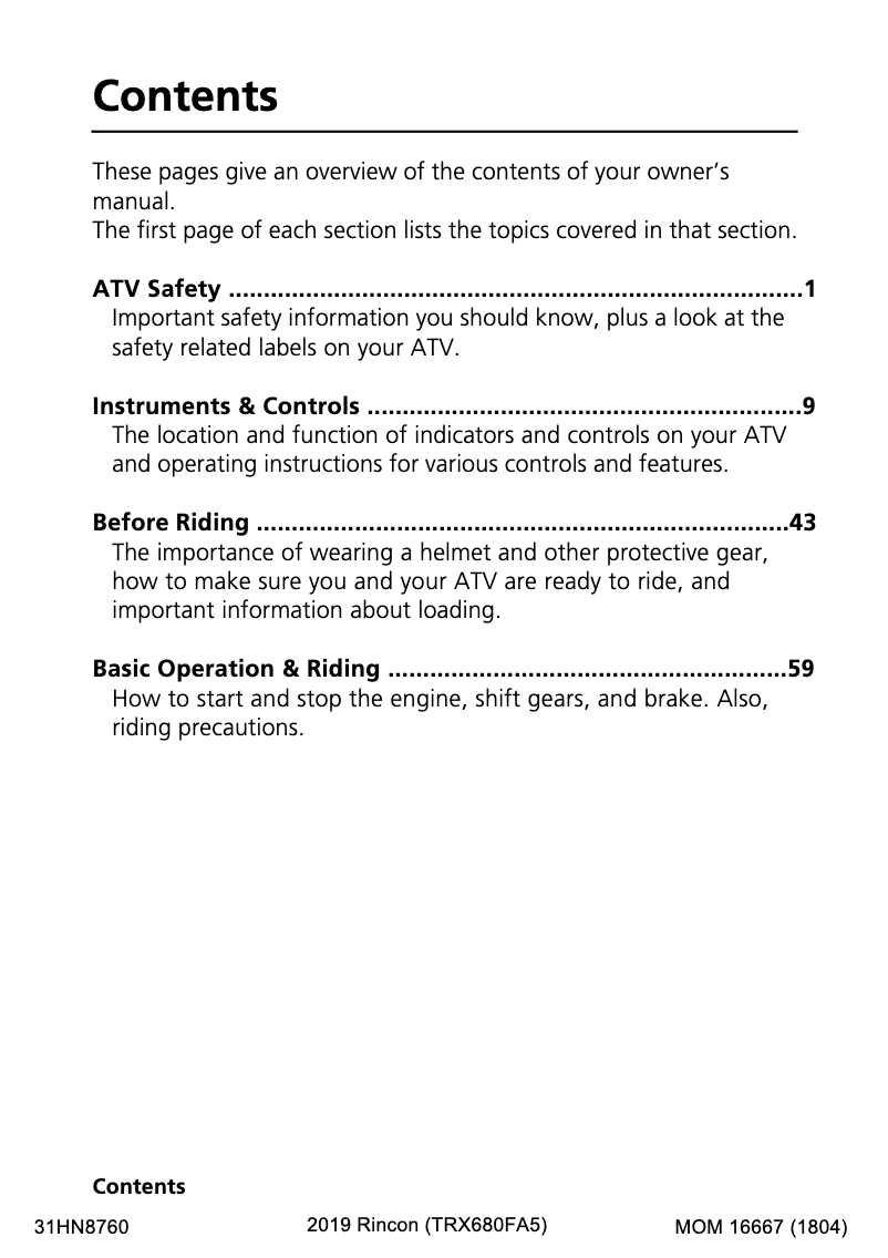 Página 1 del manual Manual de usuario Honda FourTrax Rincon TRX680FA5 (2019)