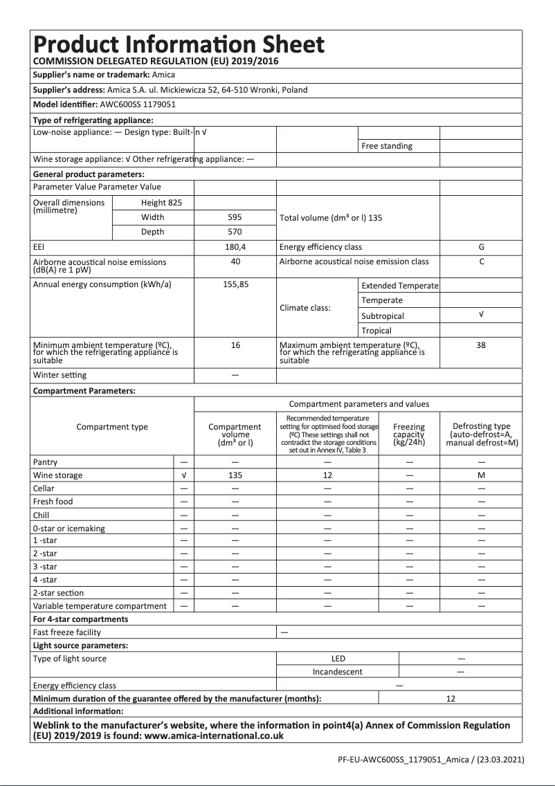 Page 1 de la notice Fiche technique Amica AWC600