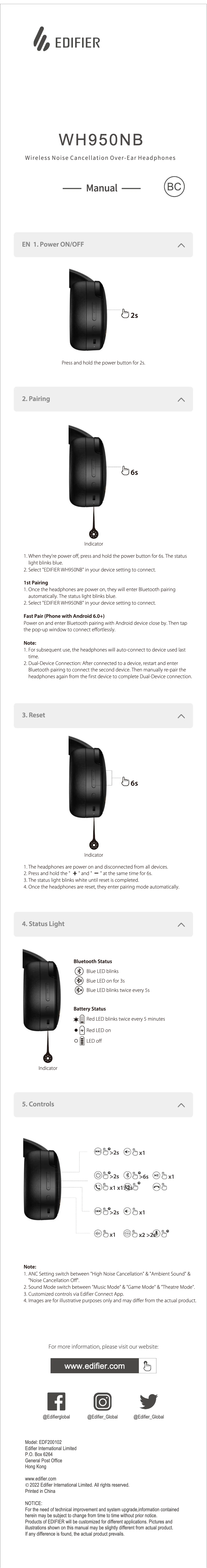 Page 1 de la notice Manuel utilisateur Edifier WH950NB