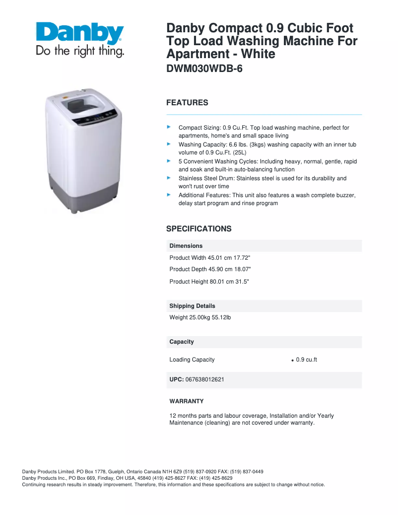 Page 1 de la notice Fiche technique Danby DWM030WDB-6