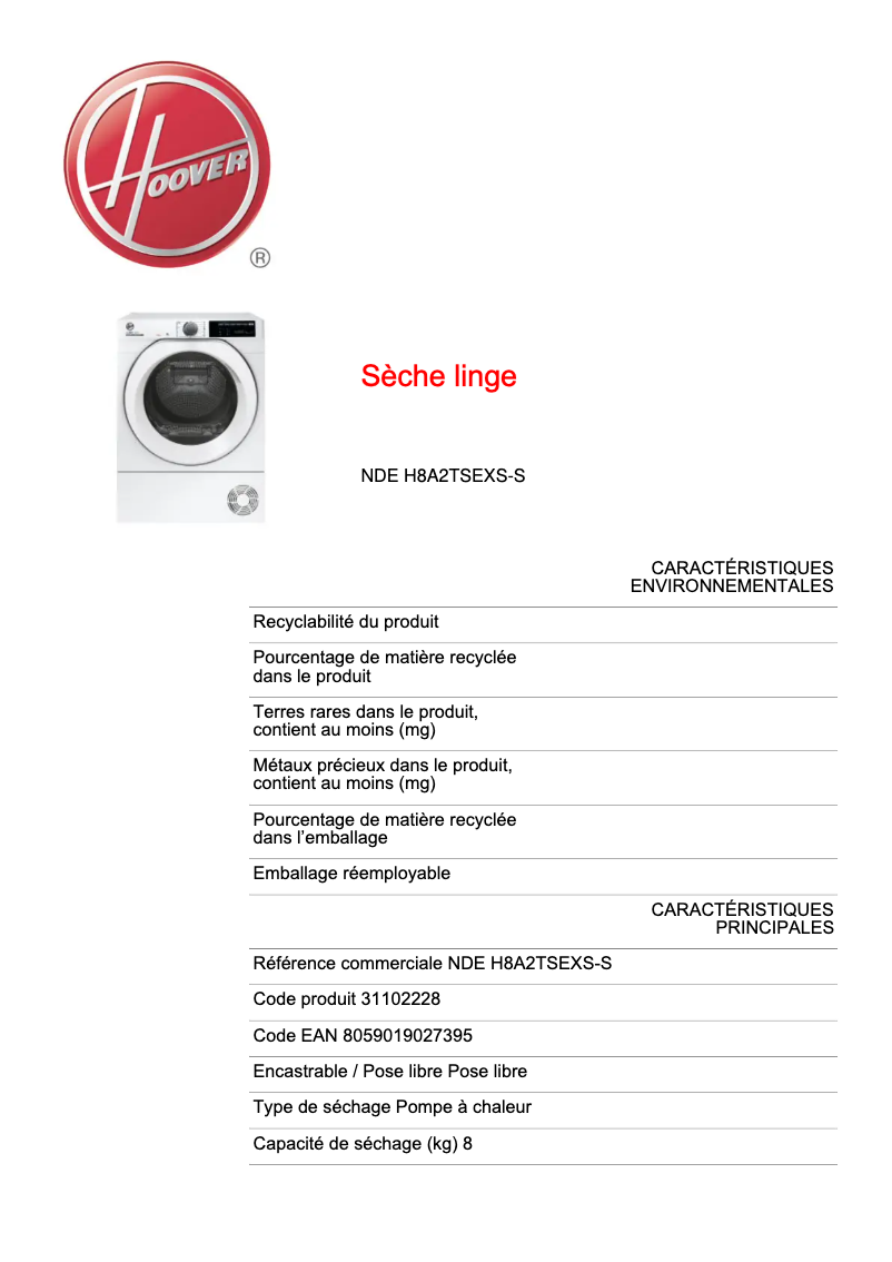 Page n°1 - Fiche technique Hoover NDE H8A2TSEXS-S