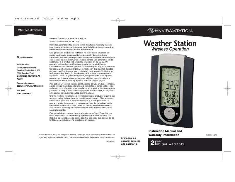 Page n°1 - Manuel utilisateur EnviraStation DWS-220