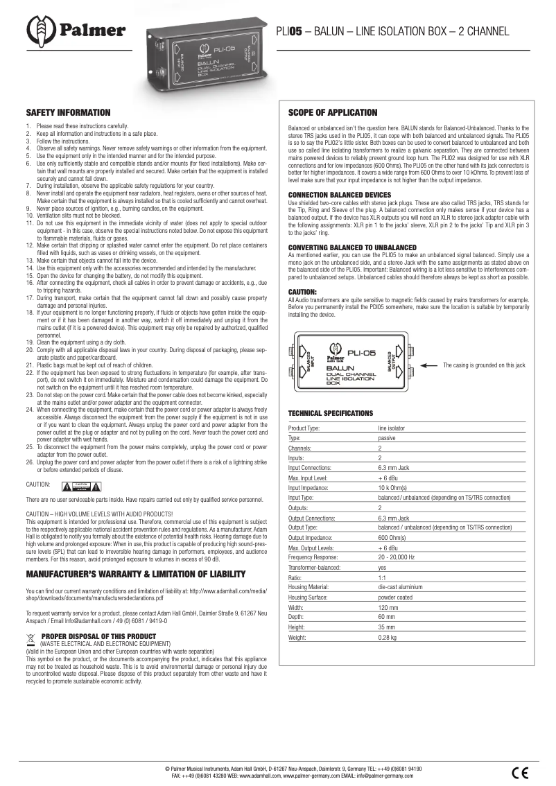 Page n°1 - Manuel utilisateur Palmer PLI-05