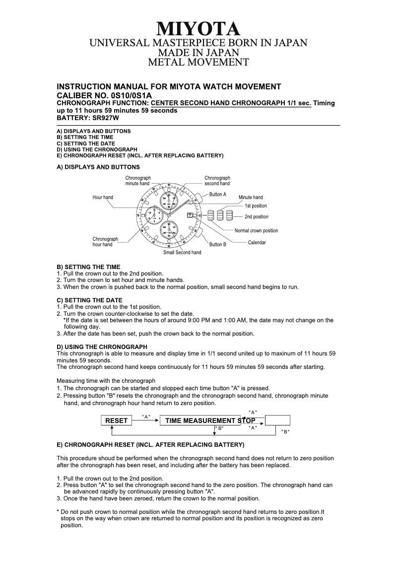 Page 1 de la notice Manuel utilisateur Miyota 0S10