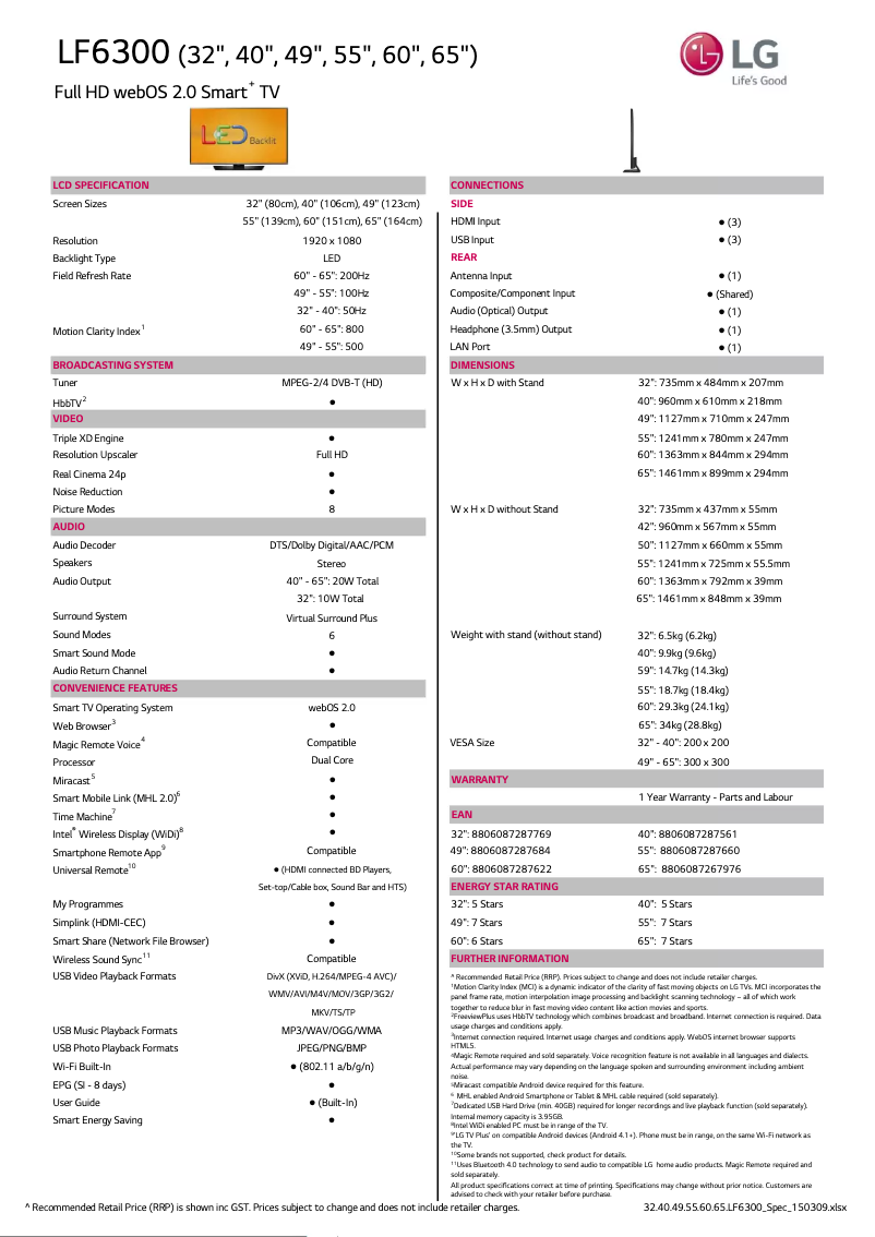Page n°1 - Fiche technique LG 40LF6300
