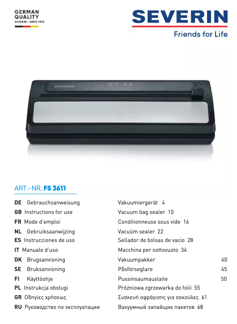 Page n°1 - Manuel utilisateur Severin FS 3611
