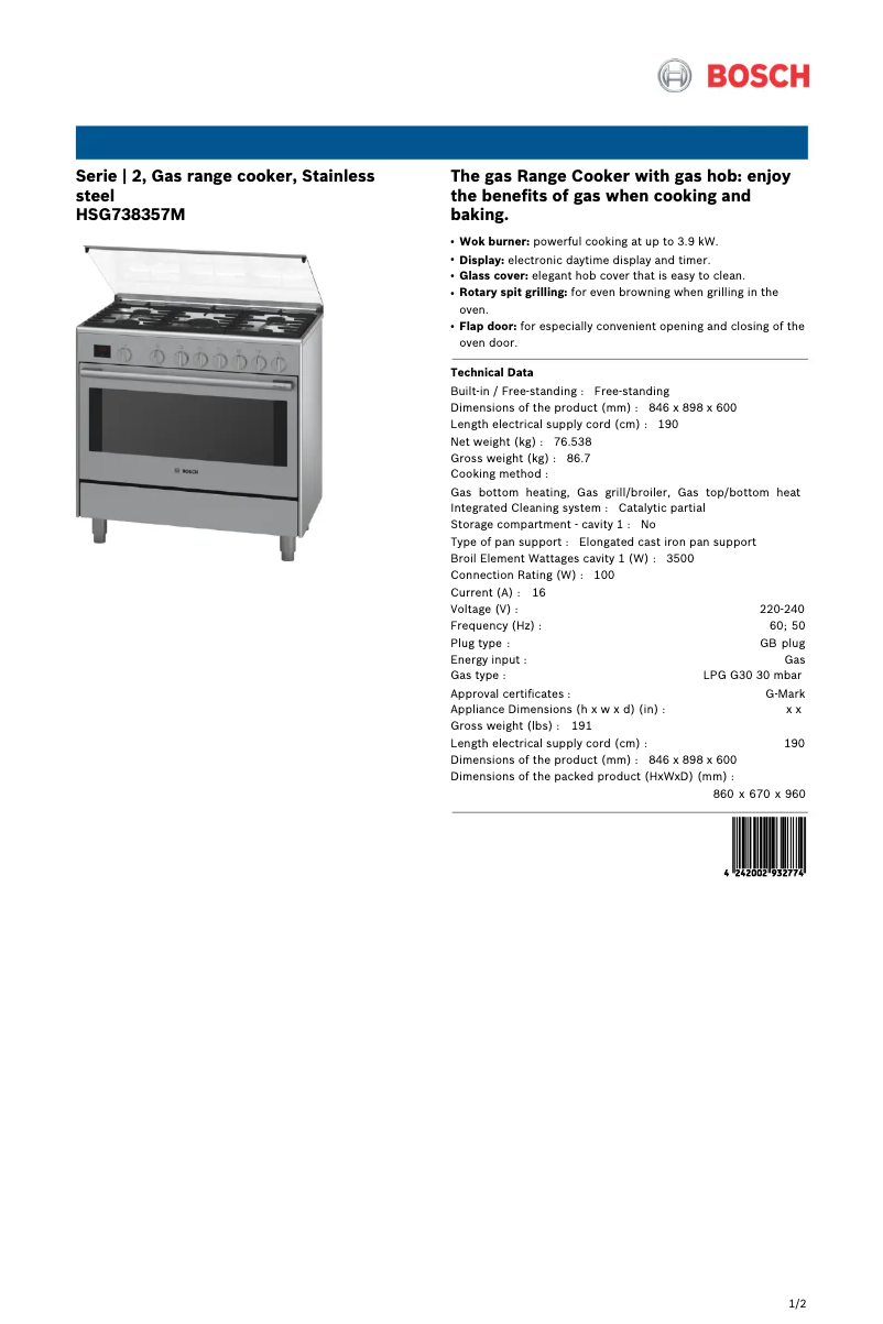 Página 1 del manual Ficha técnica Bosch HSG738357M