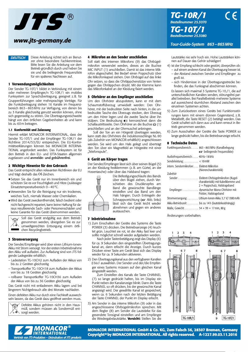Page 1 de la notice Manuel utilisateur JTS TG-10R