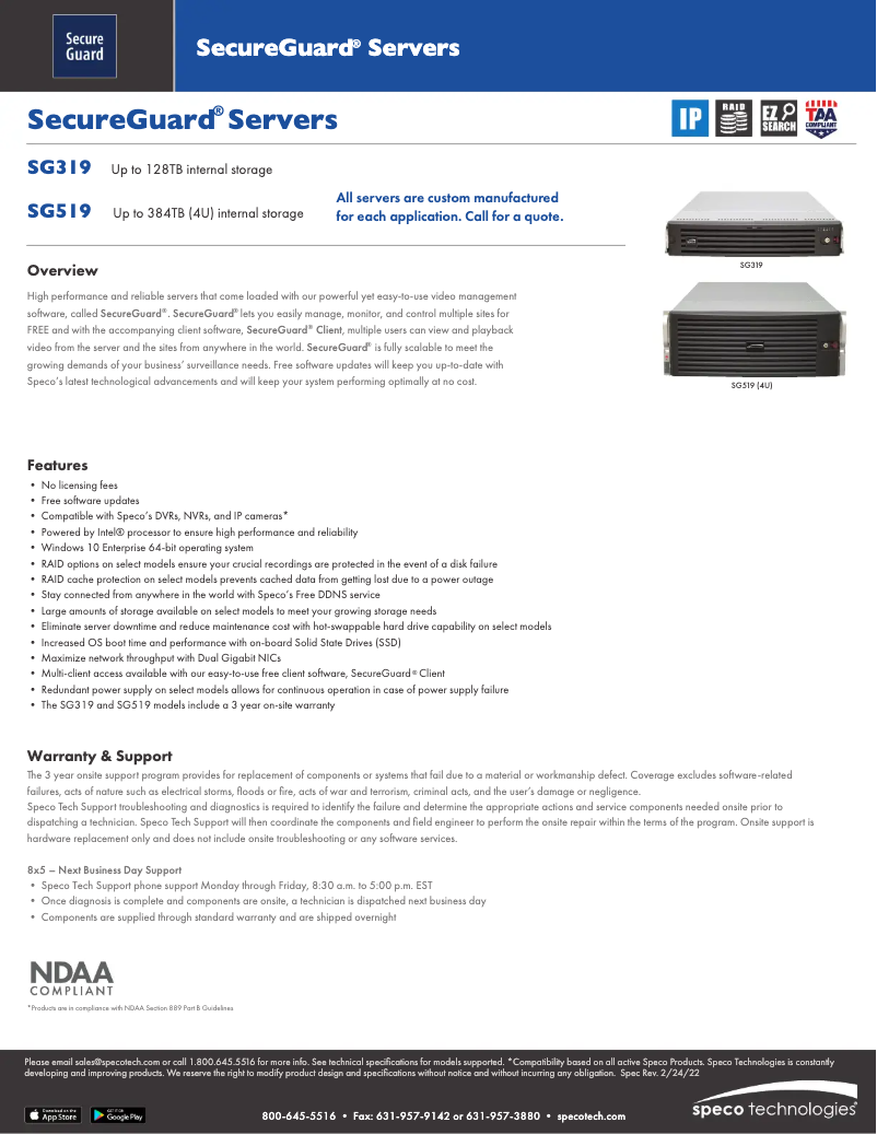 Page 1 de la notice Fiche technique Speco Technologies SG319