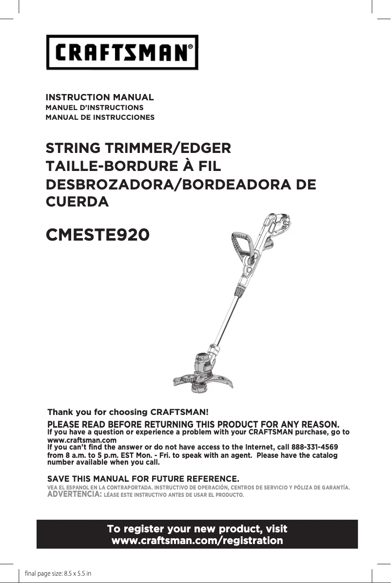 Page 1 de la notice Manuel utilisateur Craftsman CMESTE920