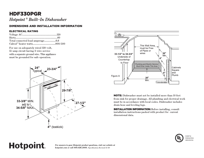 Page 1 de la notice Fiche technique Hotpoint HDF330PGRWW