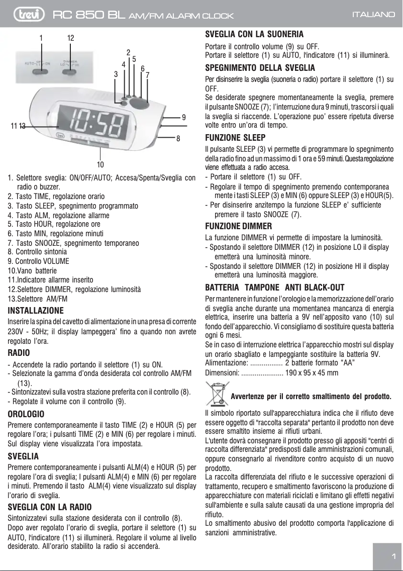 Page 1 de la notice Manuel utilisateur Trevi RC 850 BL