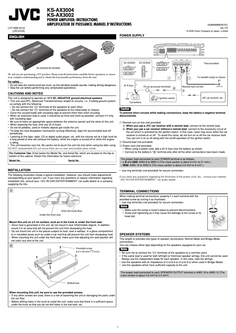 Page 1 de la notice Manuel utilisateur JVC KS-AX3002