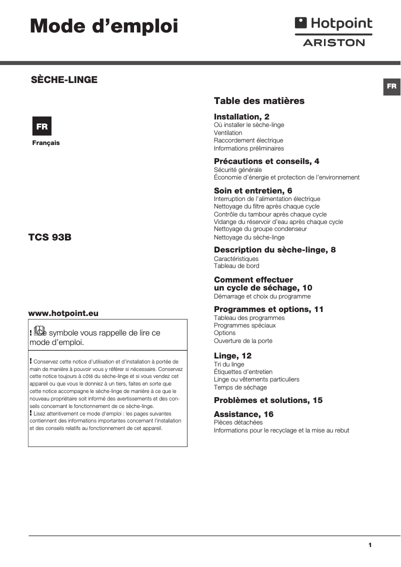 Image de la première page du manuel de l'appareil TCS 93B P (FR)