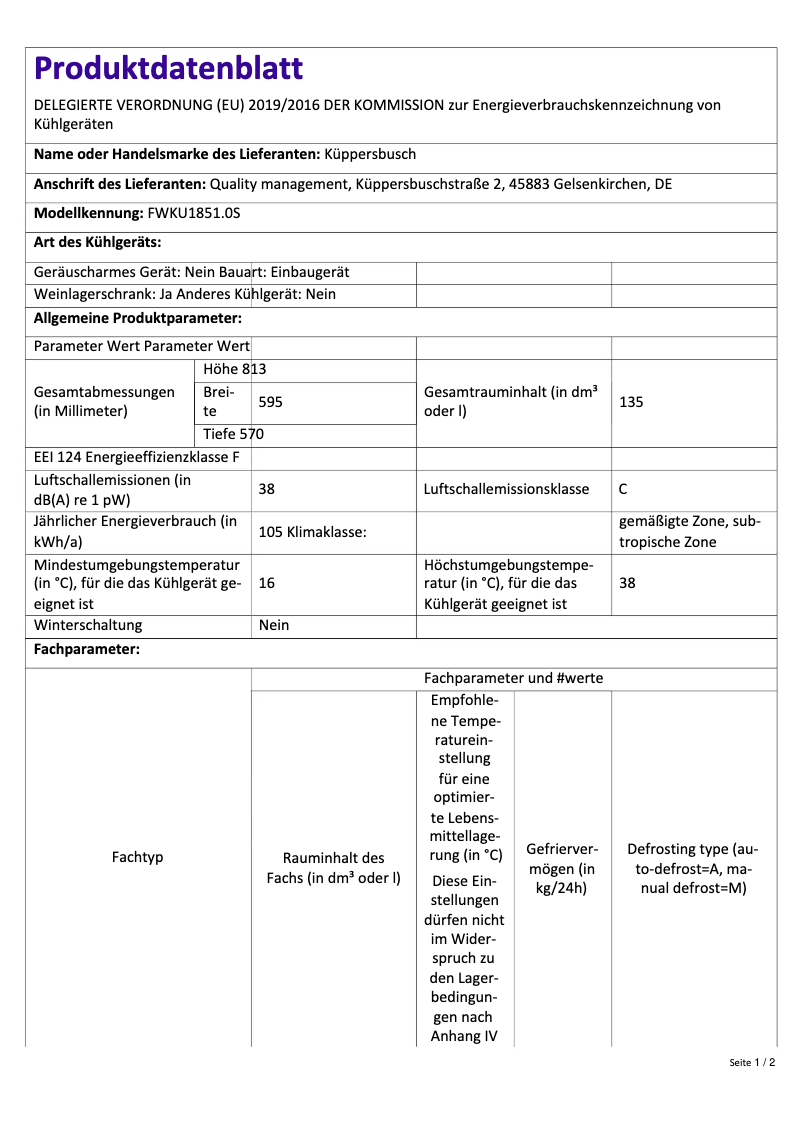 Page 1 de la notice Label énergétique Küppersbusch FWKU1851.0S