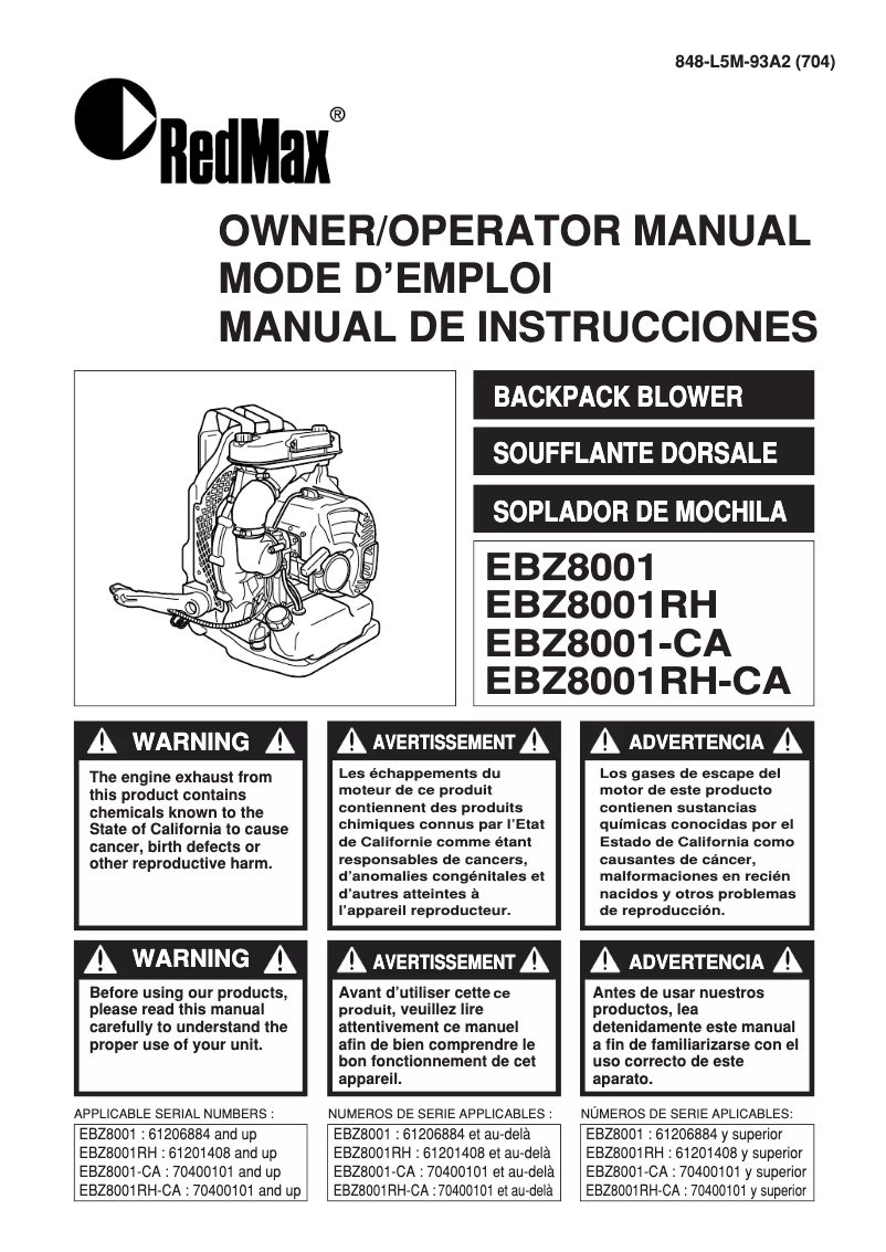Page n°1 - Manuel utilisateur RedMax EBX8001-CA