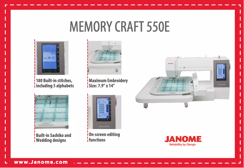 Page 1 de la notice Fiche technique Janome Memory Craft 550E