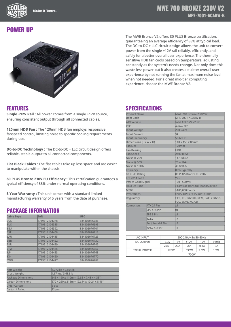 Page 1 de la notice Manuel utilisateur Cooler Master MWE 700 Bronze V2