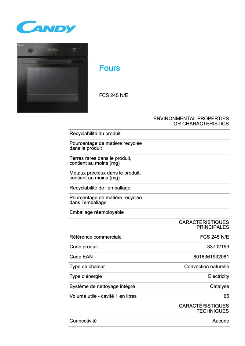 Page 1 de la notice Fiche technique Candy FCS 245 N/E