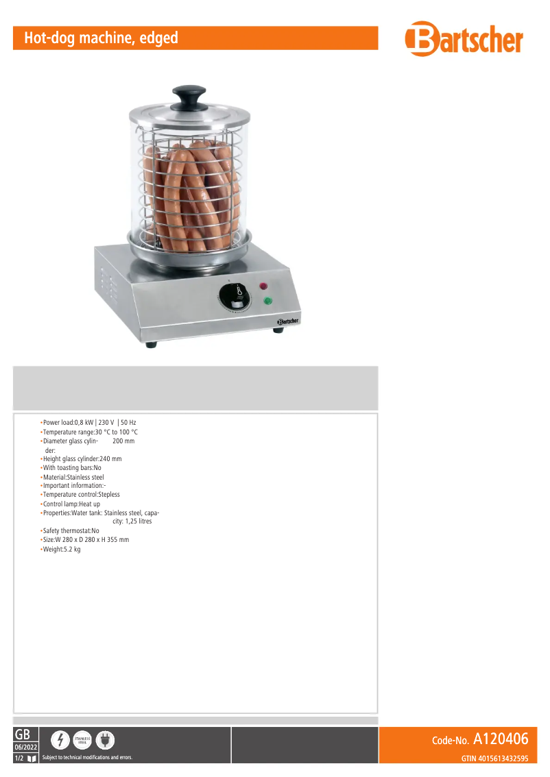 Page 1 de la notice Fiche technique Bartscher A120406