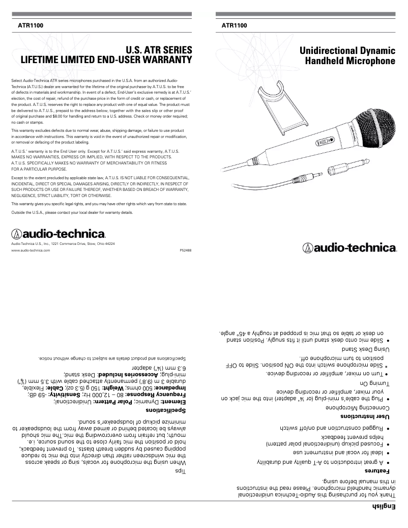 Page 1 de la notice Manuel utilisateur Audio-Technica ATR1100