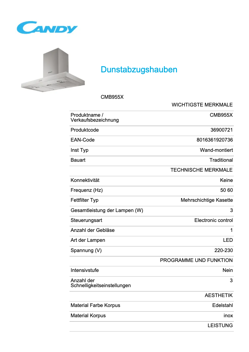 Page 1 de la notice Fiche technique Candy CMB955X