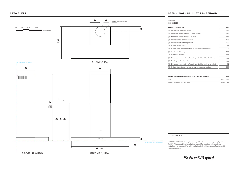 Page 1 de la notice Fiche technique Fisher & Paykel HC90DCXB3