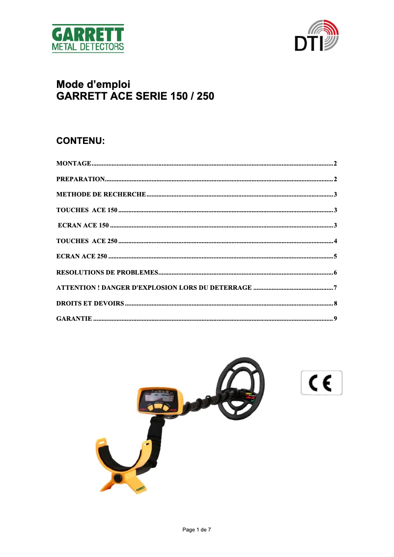 Page 1 de la notice Manuel utilisateur Garrett ACE 250