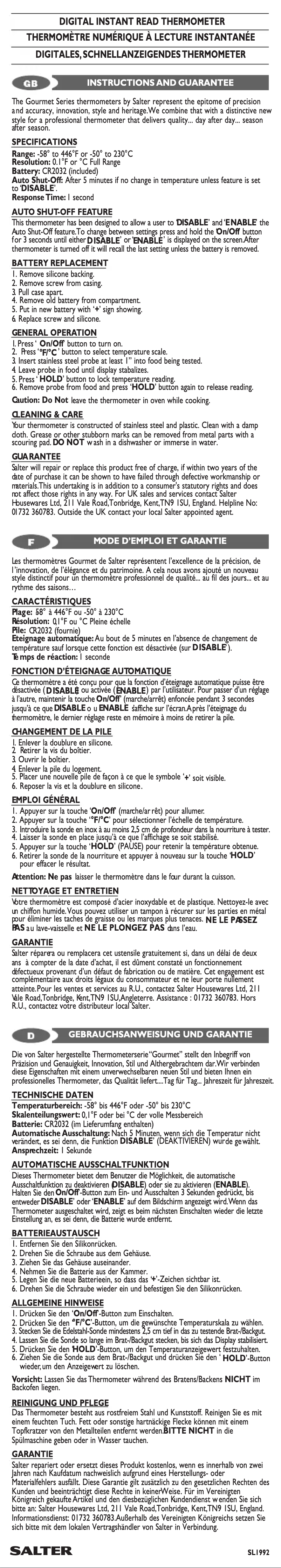 Page 1 de la notice Manuel utilisateur Salter SL1992