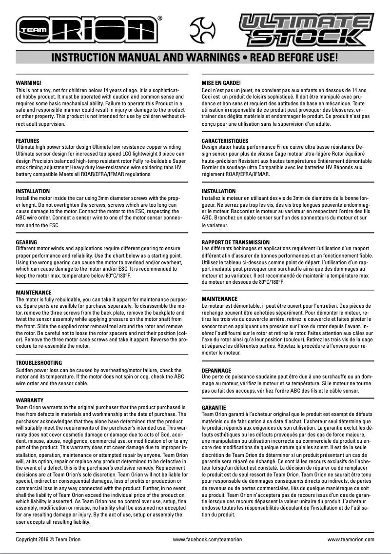 Page 1 de la notice Manuel utilisateur Team Orion Vortex Ultimate Stock 540 17.5T