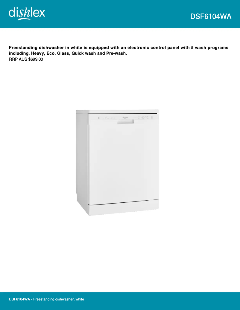 Page 1 de la notice Fiche technique Dishlex DSF6104WA