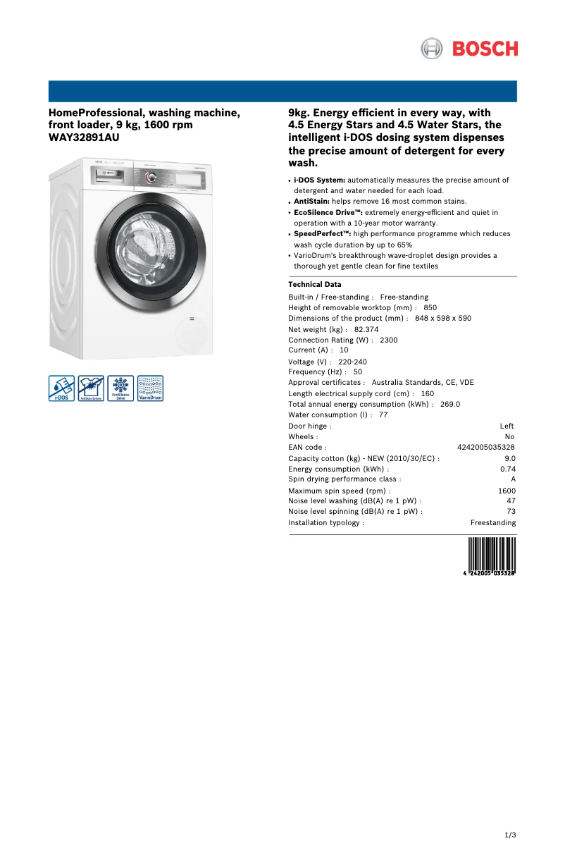 Page 1 de la notice Fiche technique Bosch WAY32891AU
