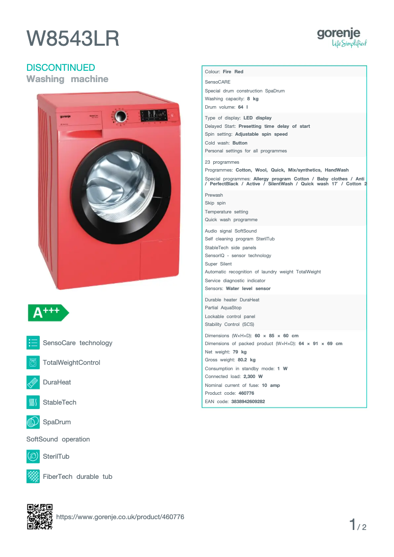 Página 1 del manual Ficha técnica Gorenje W8543LR