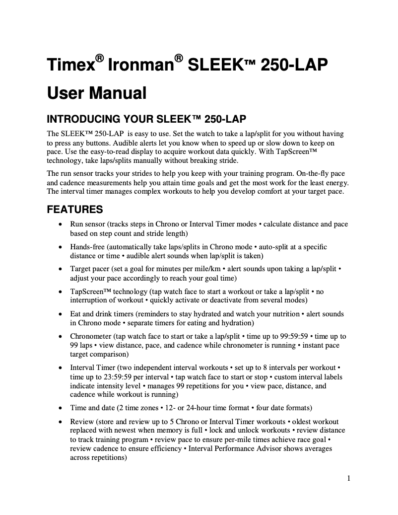 Page 1 de la notice Manuel utilisateur Timex Ironman Sleek 250-LAP
