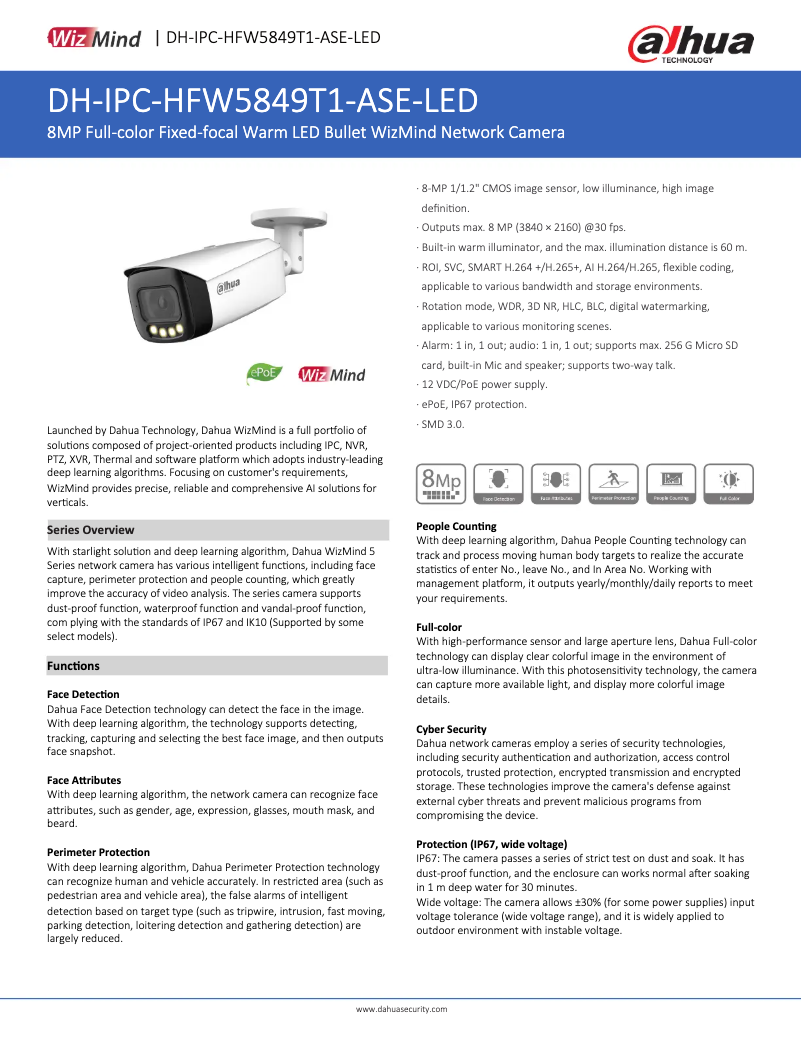 Page 1 de la notice Fiche technique Dahua Technology IPC-HFW5849T1-ASE-LED