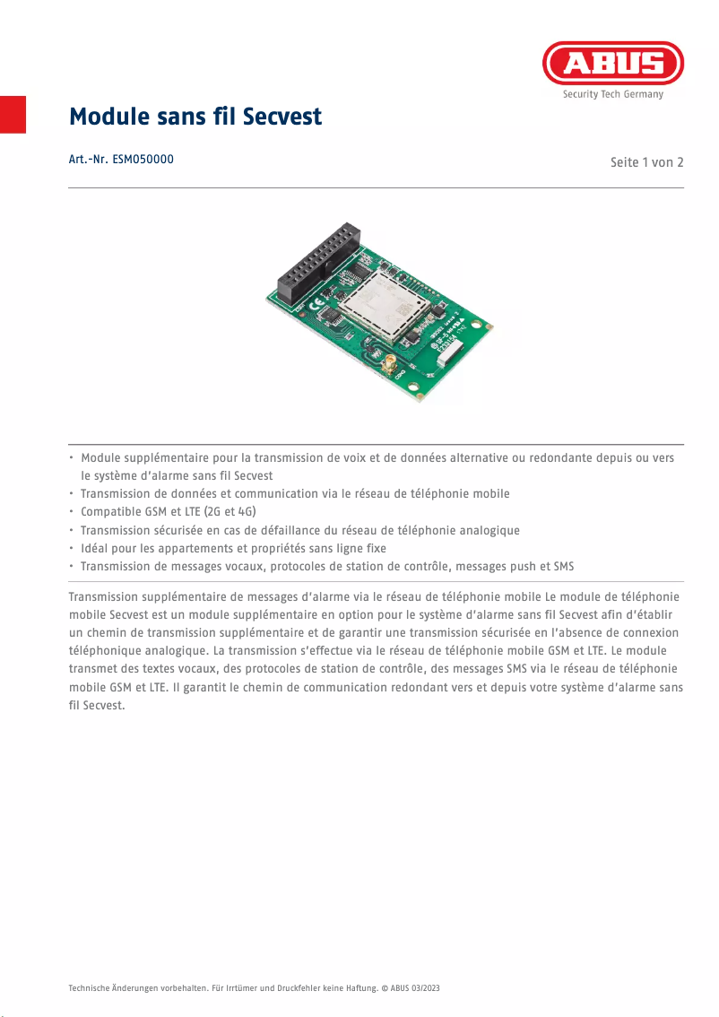 Página 1 del manual Ficha técnica Abus ESMO50000