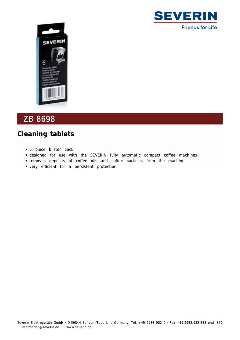 Page 1 de la notice Manuel utilisateur Severin ZB 8698